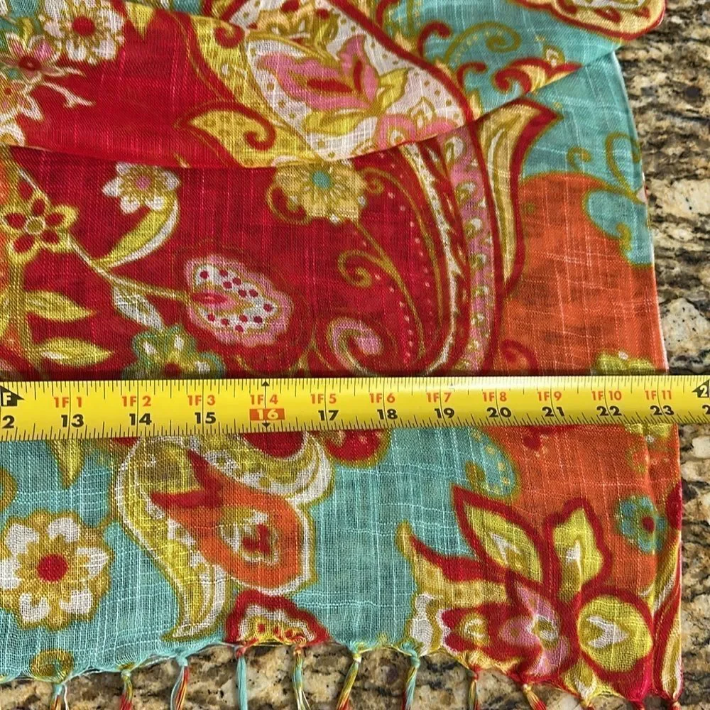 Vibrant Paisley Floral Print Fringe Trim Rectangle Scarf